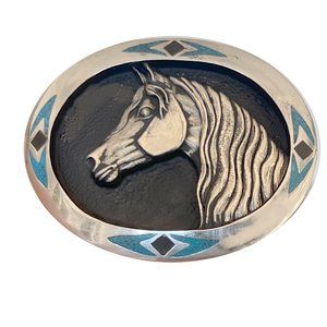 Turquoise and Coral Inlay Belt Buckle Horse Head Equestrian Quarter Lover OTTB